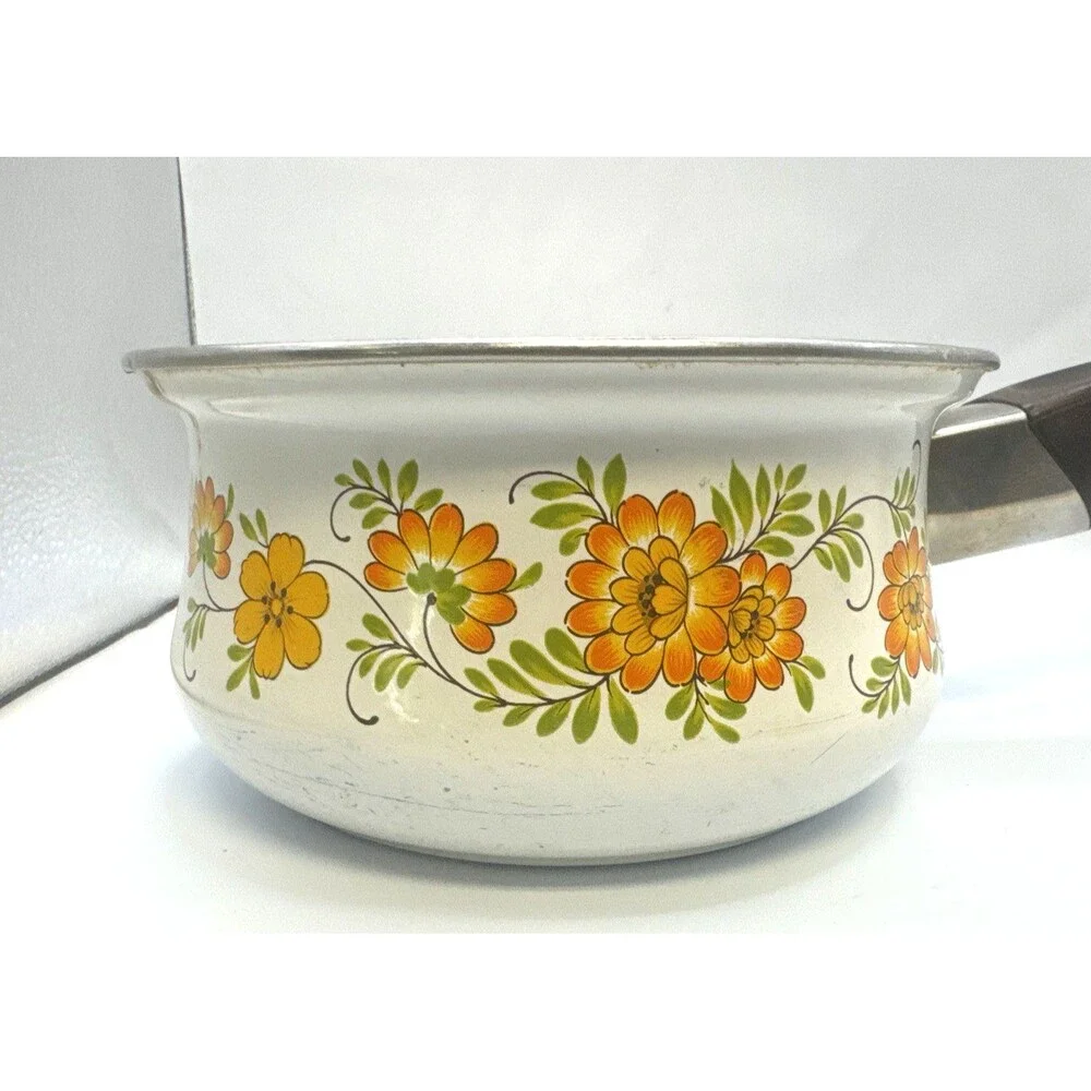 Vintage Enamel Floral 3-Pc Frying Pan Saucepan & Lid Set, Electric/Gas